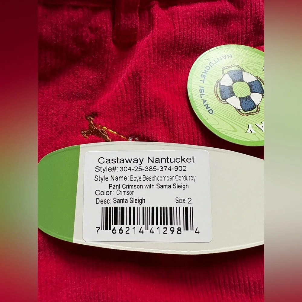 New Castaway Nantucket Boys Beachcomber Corduroy Pants/Crimson Santa Sleigh 2